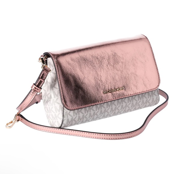 Michael Kors Jet Set MD Convertible Pouchette Crossbody Vanilla MK Pink Metallic - Picture 9 of 12